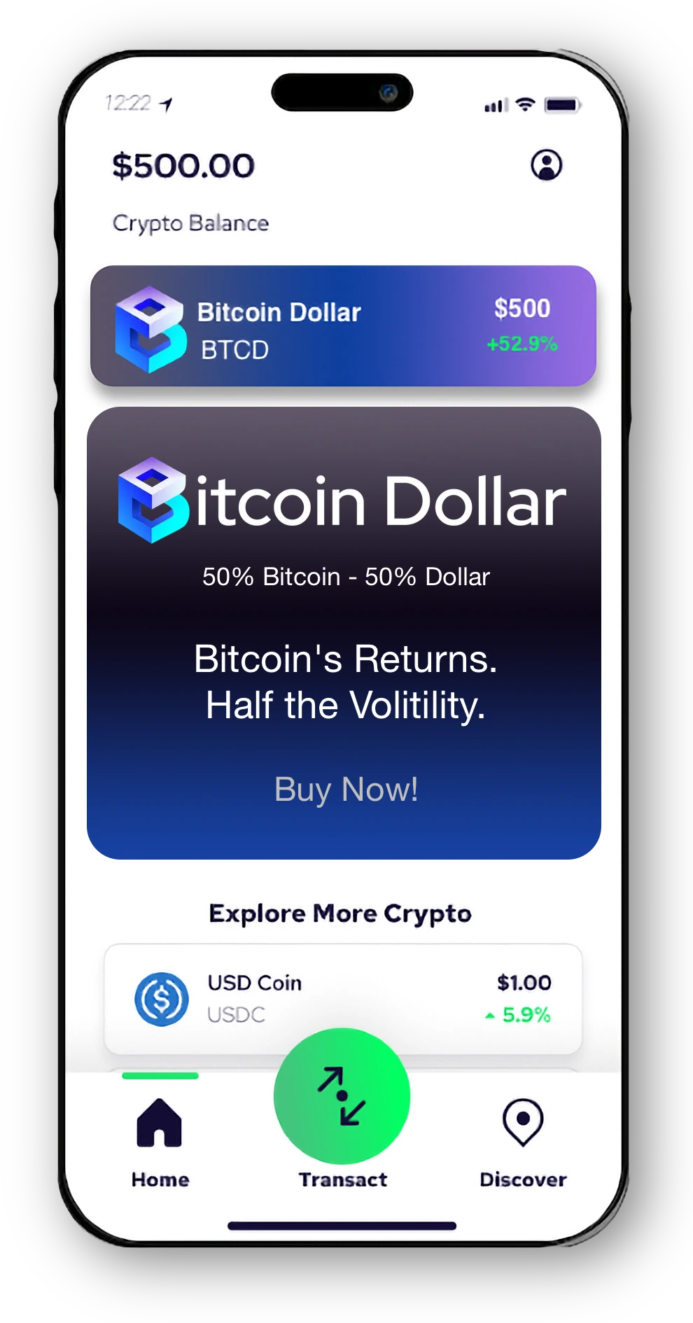 Coinme app showing btcd detail screen