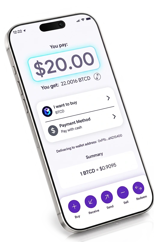Btcd purchase flow with $20 amount field highlighted
