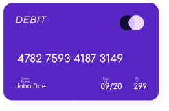 Purple debit card with account number and expiry
