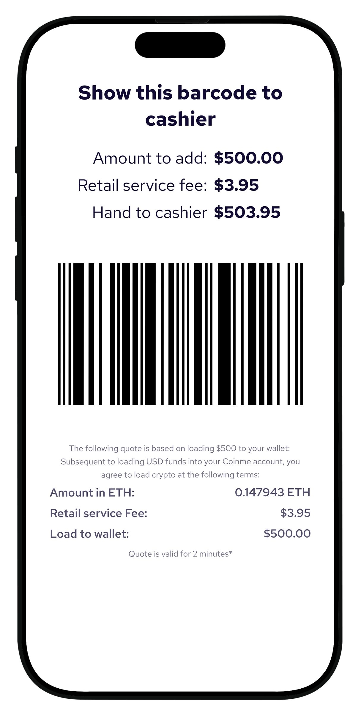 Coinme app showing a barcode to fund your wallet with cash