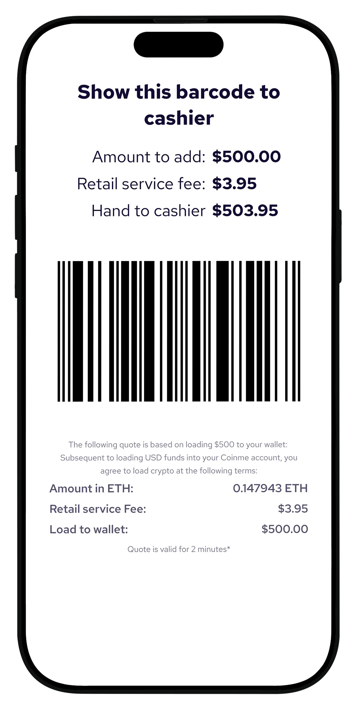 Coinme app showing a barcode to fund your wallet with cash