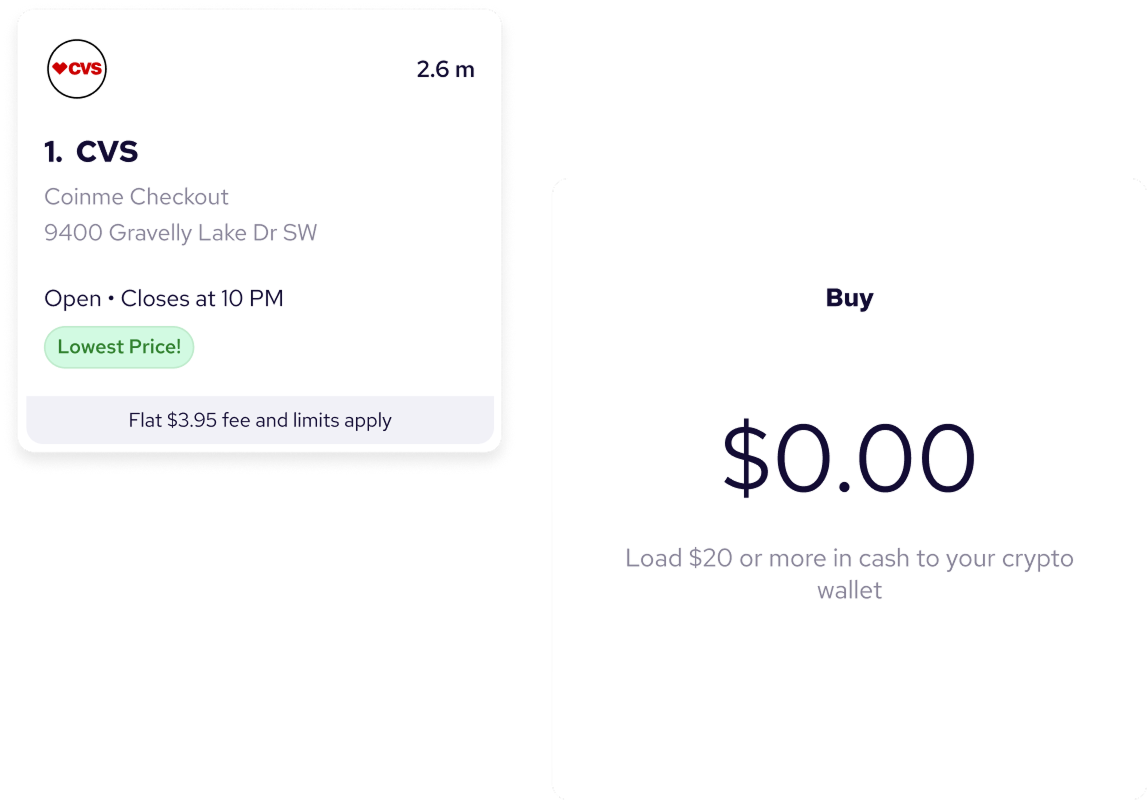 Coinme app showing cvs location selection and crypto purchase amount interface.