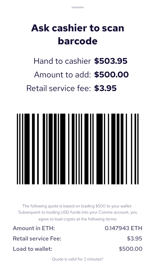 Coinme cash barcode displayed for scanning at retail checkout to load crypto to wallet with cash.
