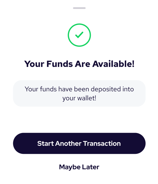 Coinme cash transaction confirmation screen showing funds deposited to crypto wallet.