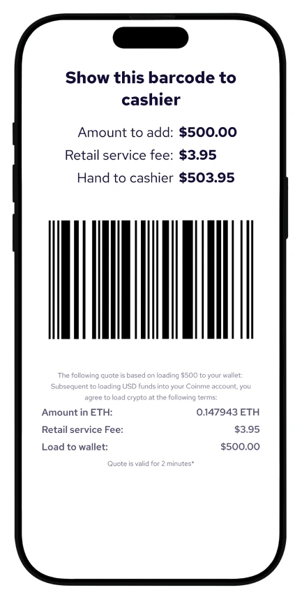 Coinme app showing a barcode to fund your wallet with cash