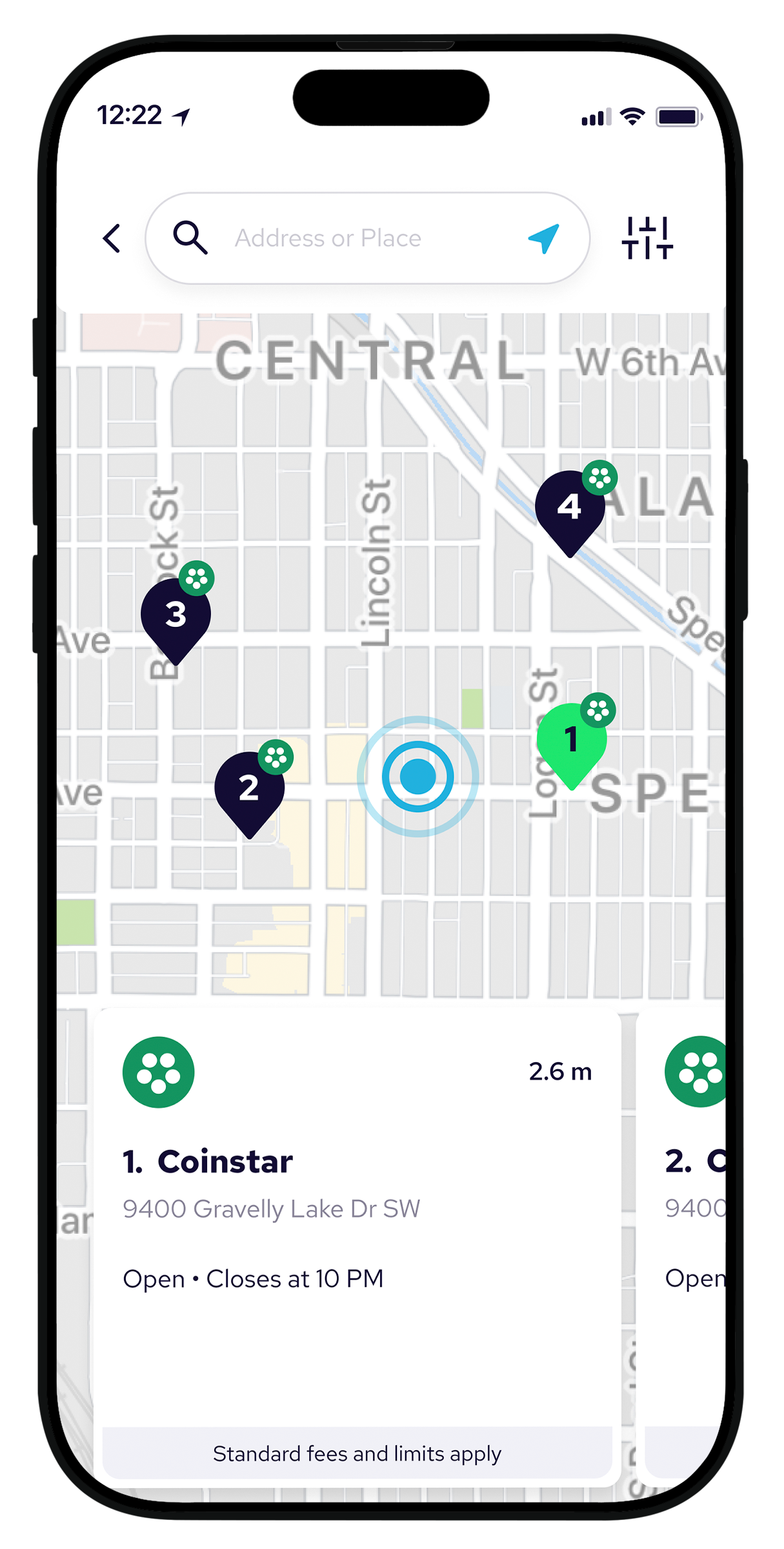Coinme app map showing nearby coinstar kiosk locations