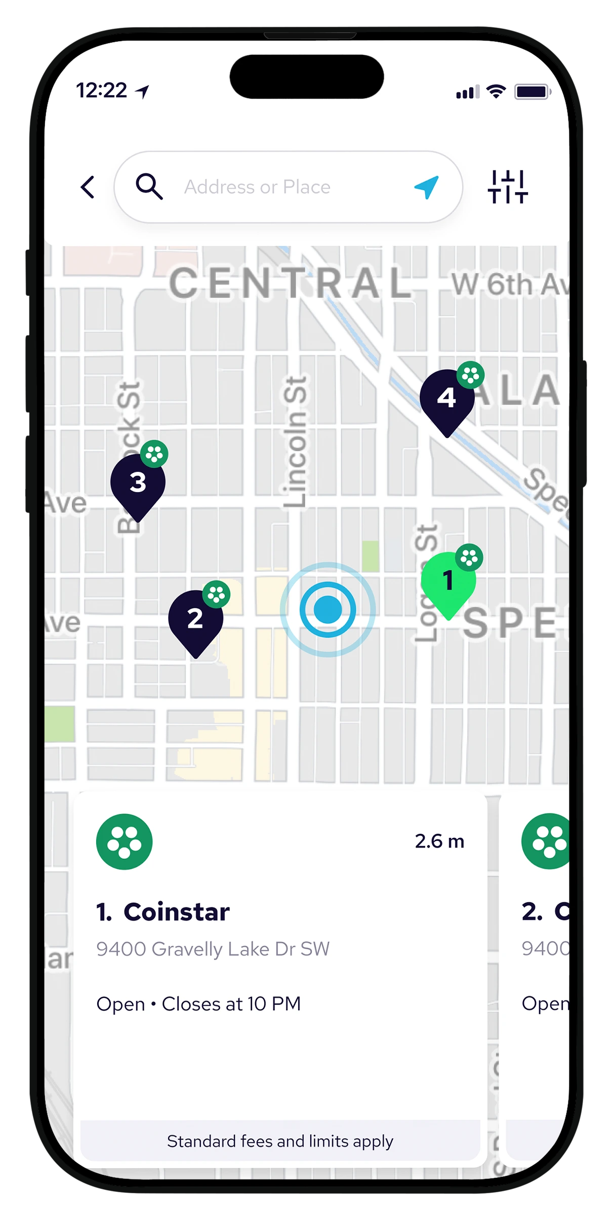 Coinme app map showing nearby coinstar kiosk locations