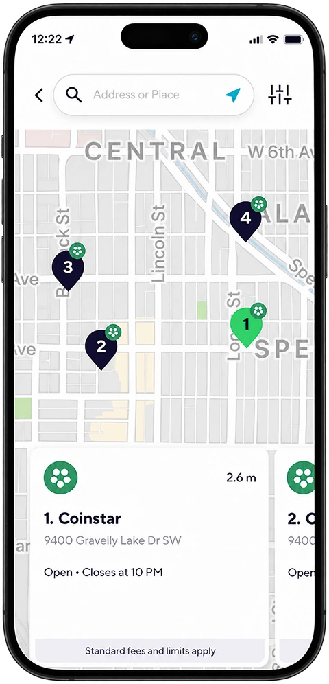 Coinme app map showing nearby coinstar kiosk locations