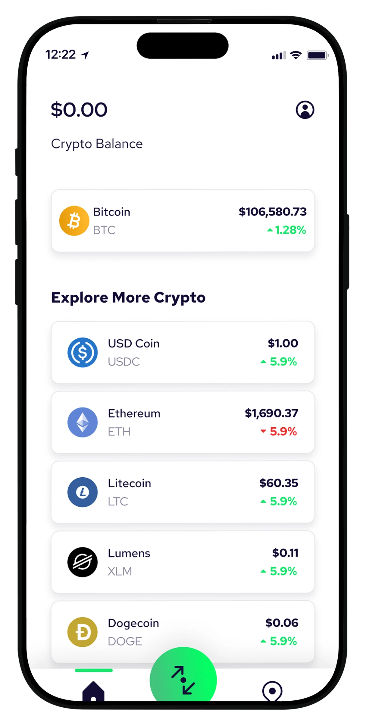 Coinme app showing your crypto balance and a list of coins to choose from