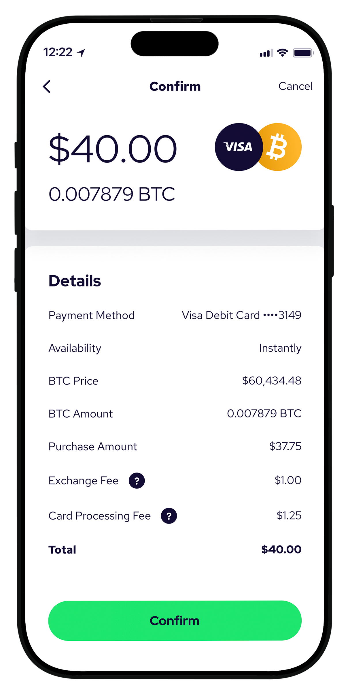 Coinme app showing a debit card purchase confirmation