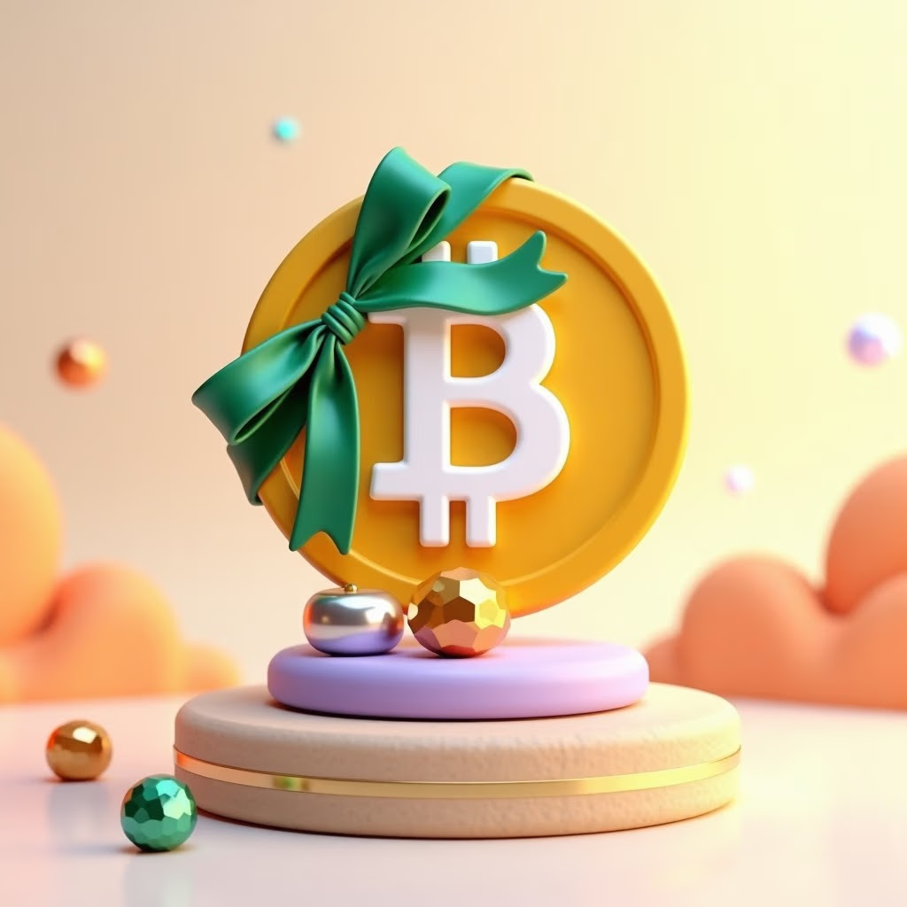 Gold bitcoin coin and two companion coins on a pedestal at golden hour