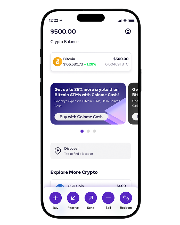 Coinme app - mobile screen view, bitcoin price.