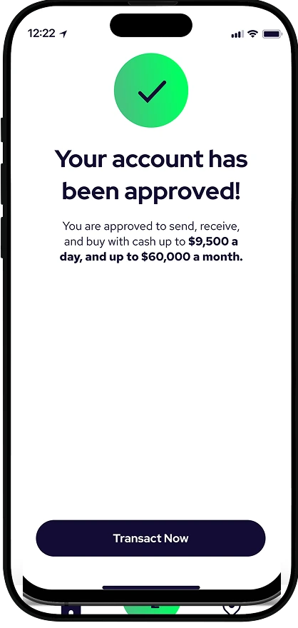 Coinme app showing an account approved screen with a green checkmark