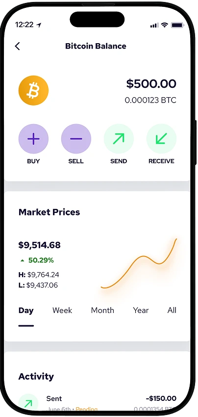 Coinme app showing a bitcoin balance with buy, sell, send, and receive actions