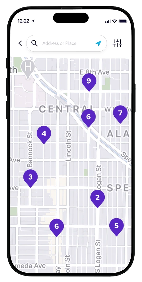 Coinme app map showing nearby retail locations to load cash