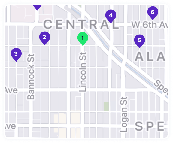 Map showing nearby coinme cash and crypto locations, numbered 1 through 6