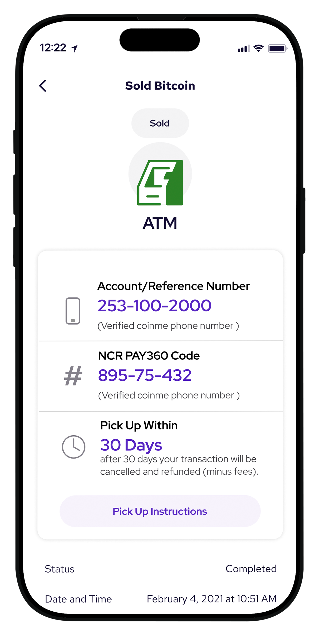 Coinme app showing a completed bitcoin sale with pickup instructions