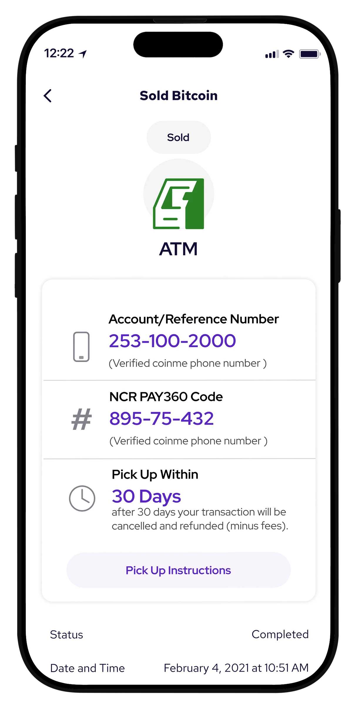 Coinme app showing a completed bitcoin sale with pickup instructions